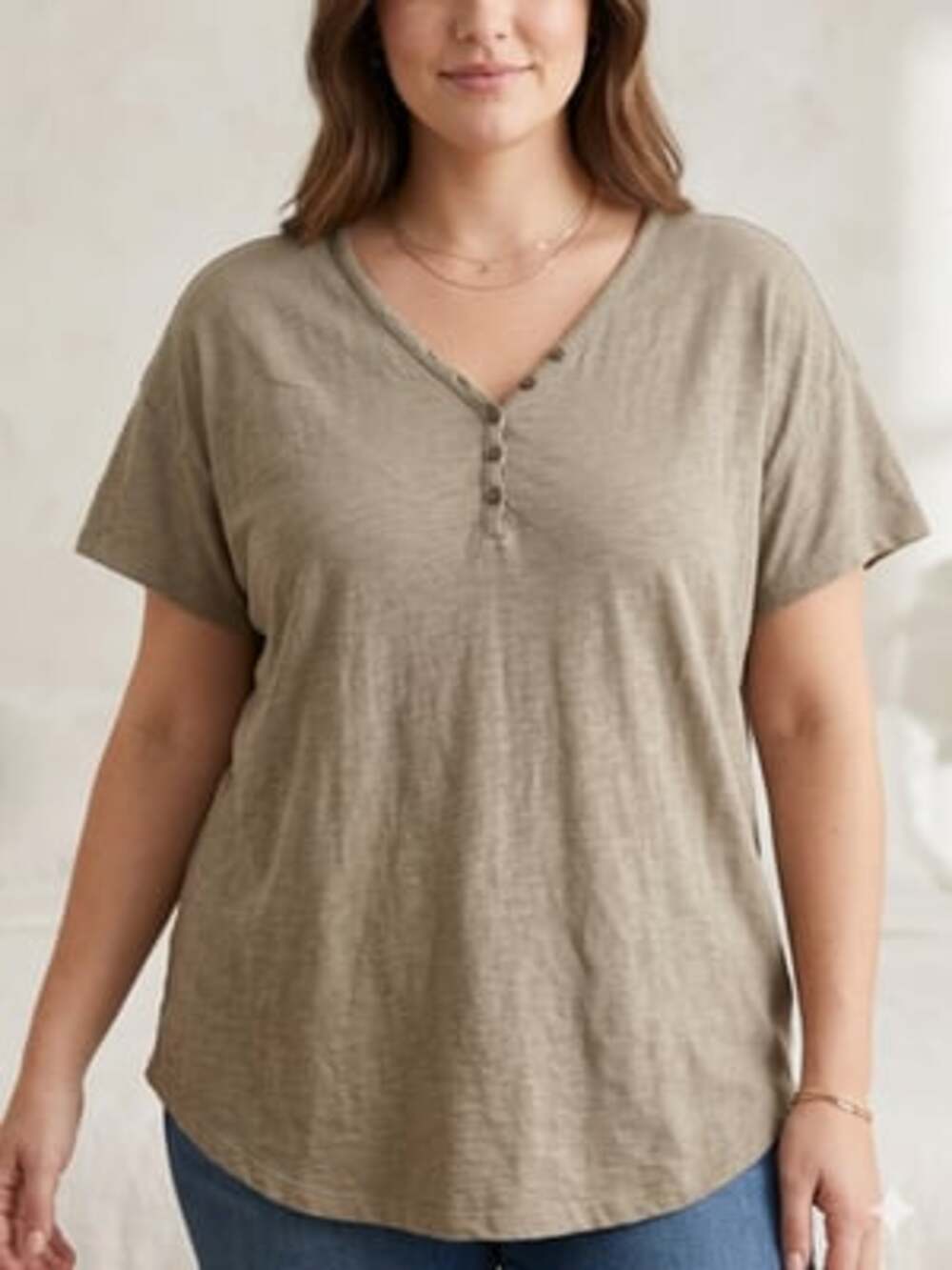 Knox Rose Earthy Khaki Short Sleeve Henley T-Shirt Top Women's Size XL Soft